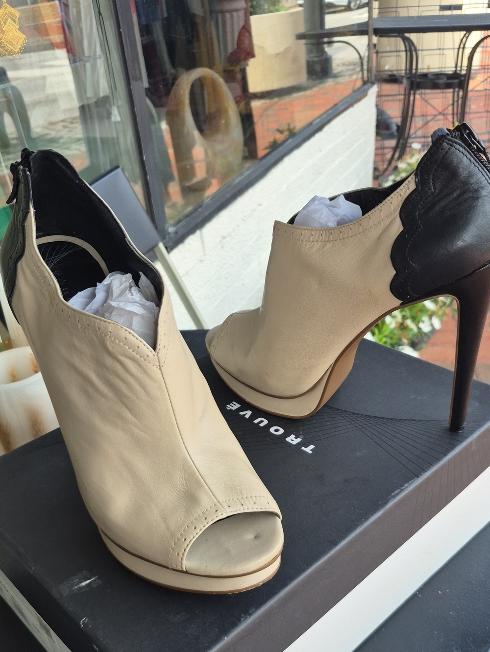 Trouvé Cream and Black Peep-Toe Stiletto Booties
